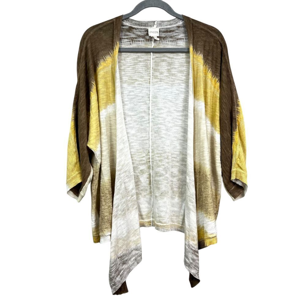 Chico's Womens Draped Cardigan Sweater Open Front Brown Yellow White Sz 1*